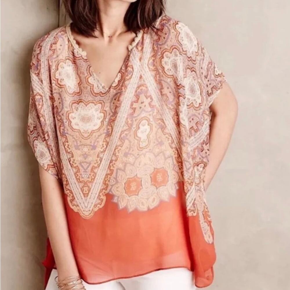 Anthropologie Maeve Silk Layered Poncho Top Size Medium Boho Flowy Floral